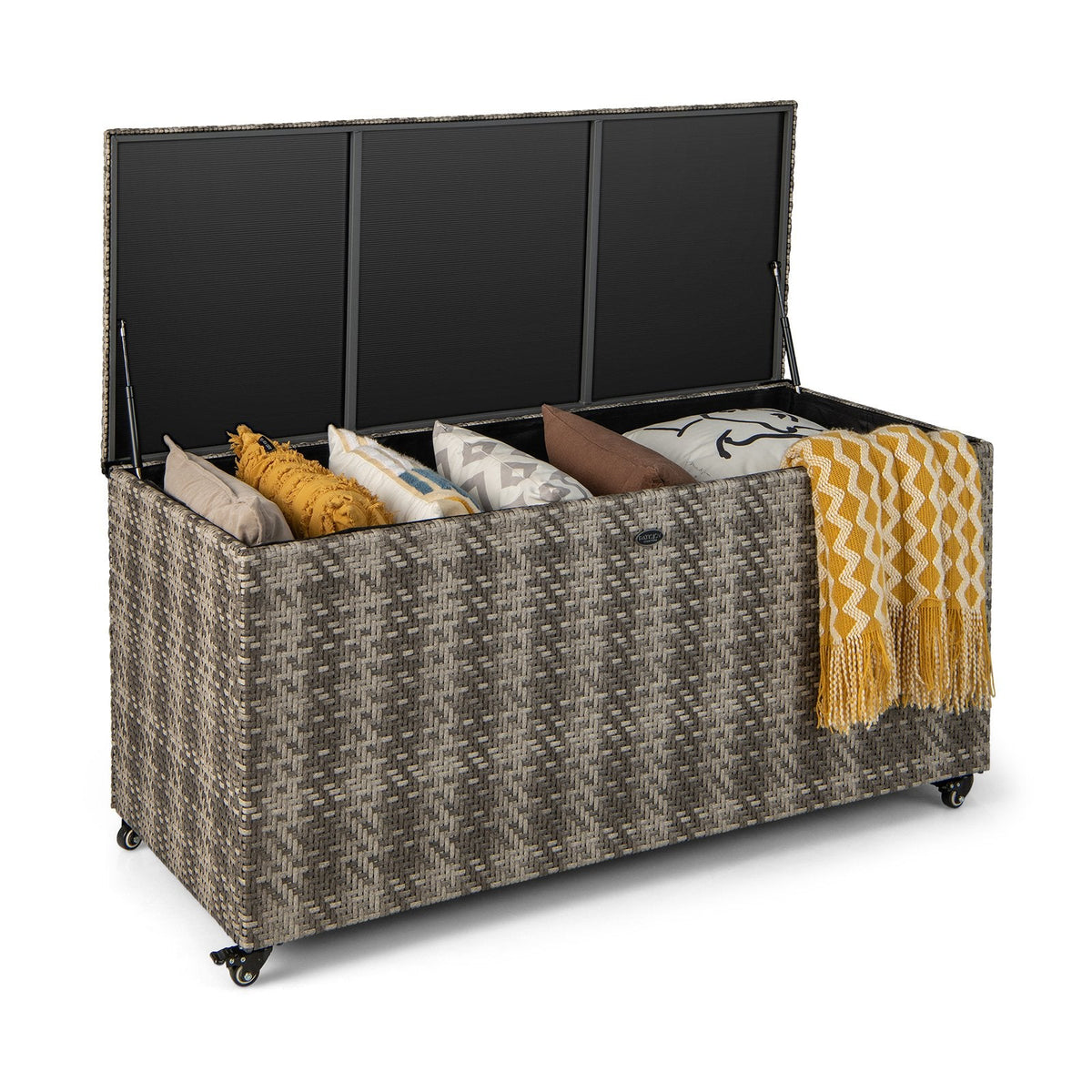 Caja de almacenamiento exterior de mimbre de PE de 96 galones con 4 ruedas - Gris
