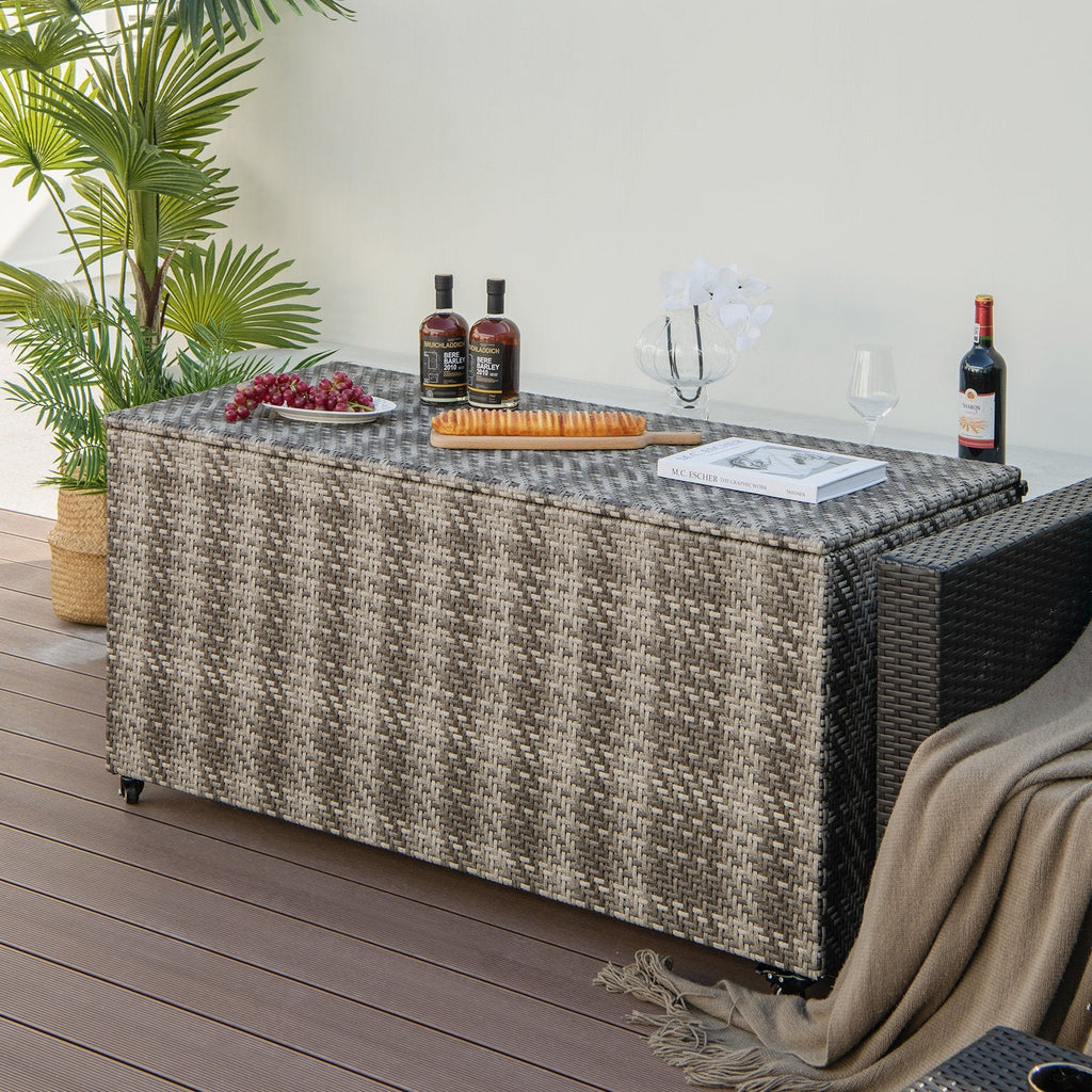 Caja de almacenamiento exterior de mimbre de PE de 96 galones con 4 ruedas - Gris