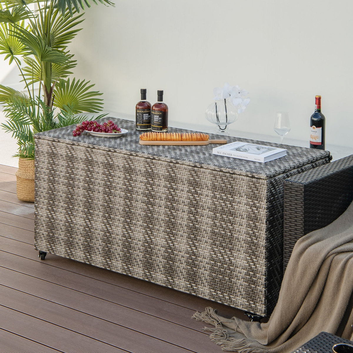 Caja de almacenamiento exterior de mimbre de PE de 96 galones con 4 ruedas - Gris