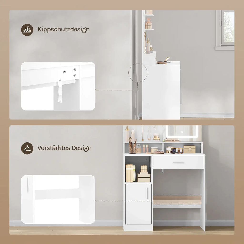 WOLTU Table de Maquillage Coiffeuse avec Miroir à LED Réglables Meuble de Maquillage avec 3 Étages de Rangement pour Chambre