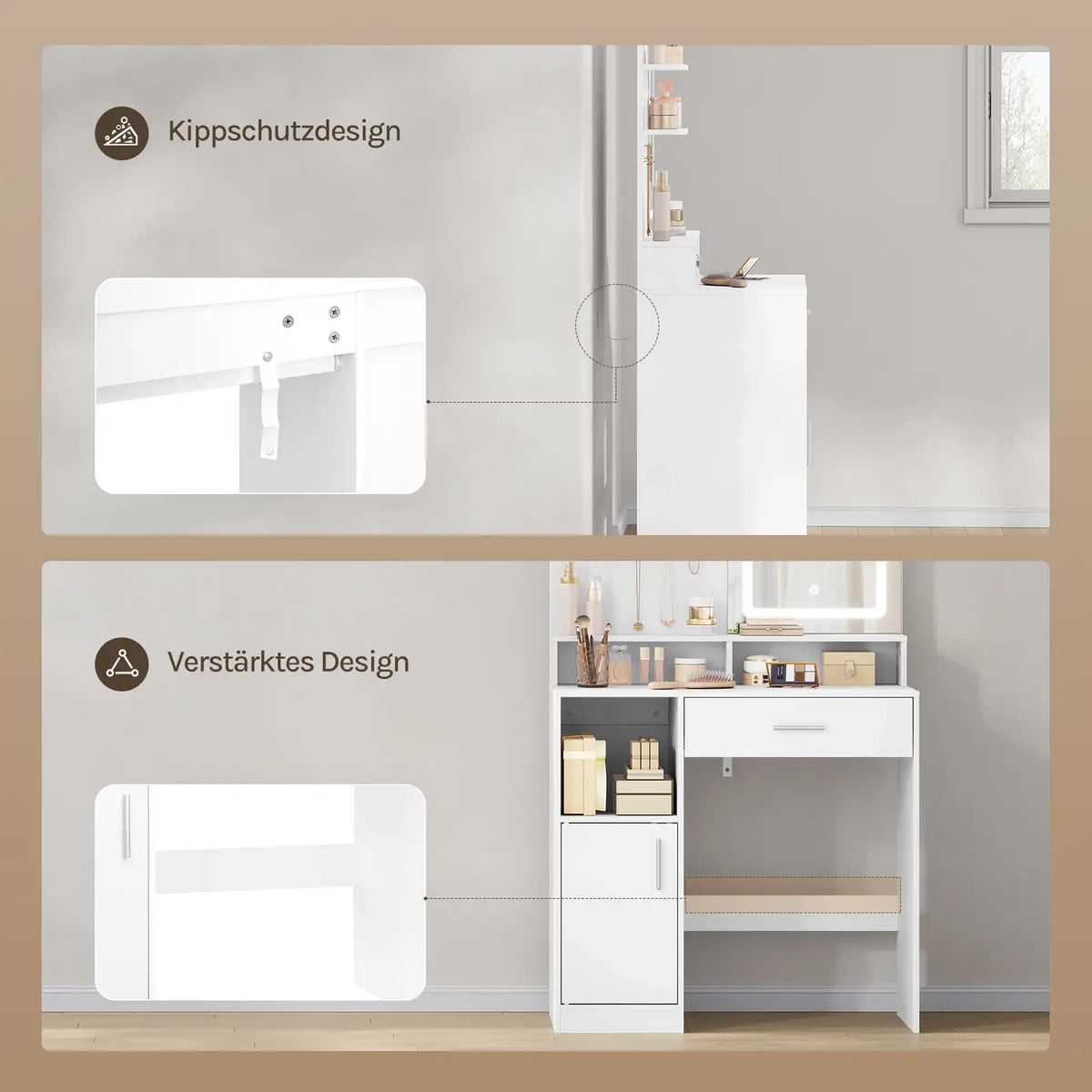 WOLTU Table de Maquillage Coiffeuse avec Miroir à LED Réglables Meuble de Maquillage avec 3 Étages de Rangement pour Chambre