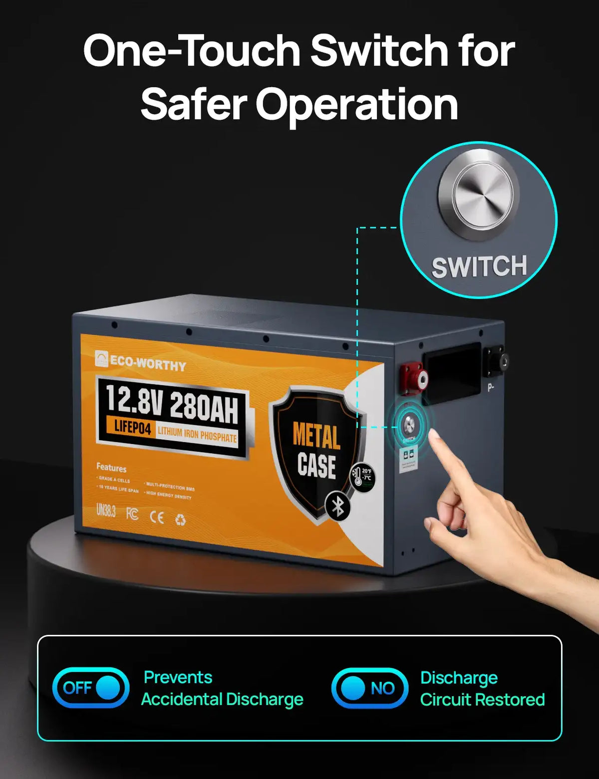 Batterie LiFePO4 ECO-WORTHY 3584Wh 12V 280Ah avec boîtier métallique, Bluetooth et coupure basse température - BMS 200A intégré - Décharge profonde pour camping-car, remorque