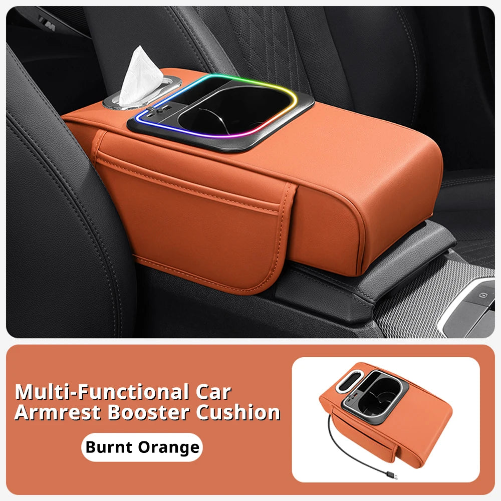 Accoudoir de voiture, coussin, console centrale, organisateurs de rangement, housse de siège, porte-gobelet, boîte à mouchoirs, fente pour téléphone, chargeur rapide, éclairage d'ambiance LED