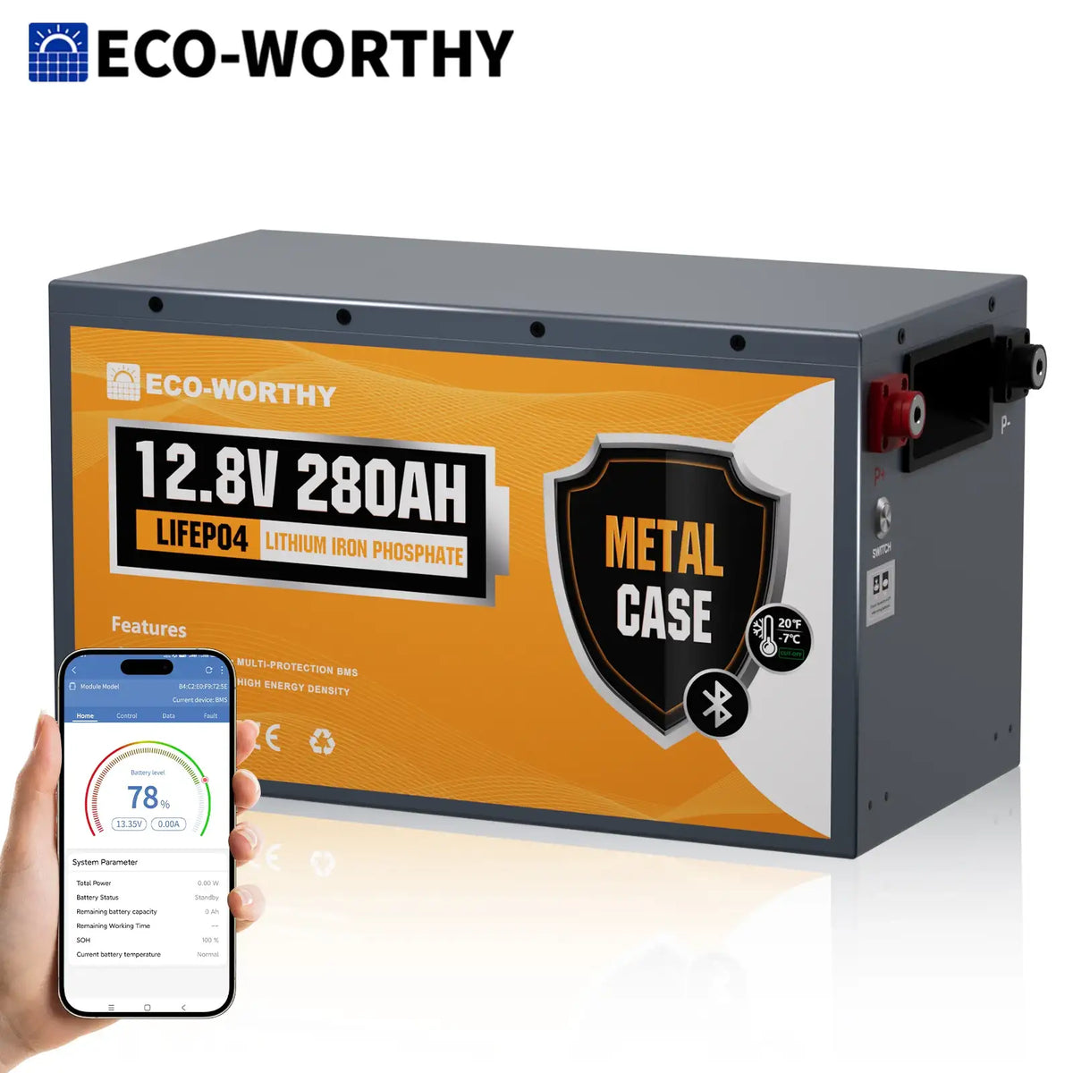 Batterie LiFePO4 ECO-WORTHY 3584Wh 12V 280Ah avec boîtier métallique, Bluetooth et coupure basse température - BMS 200A intégré - Décharge profonde pour camping-car, remorque