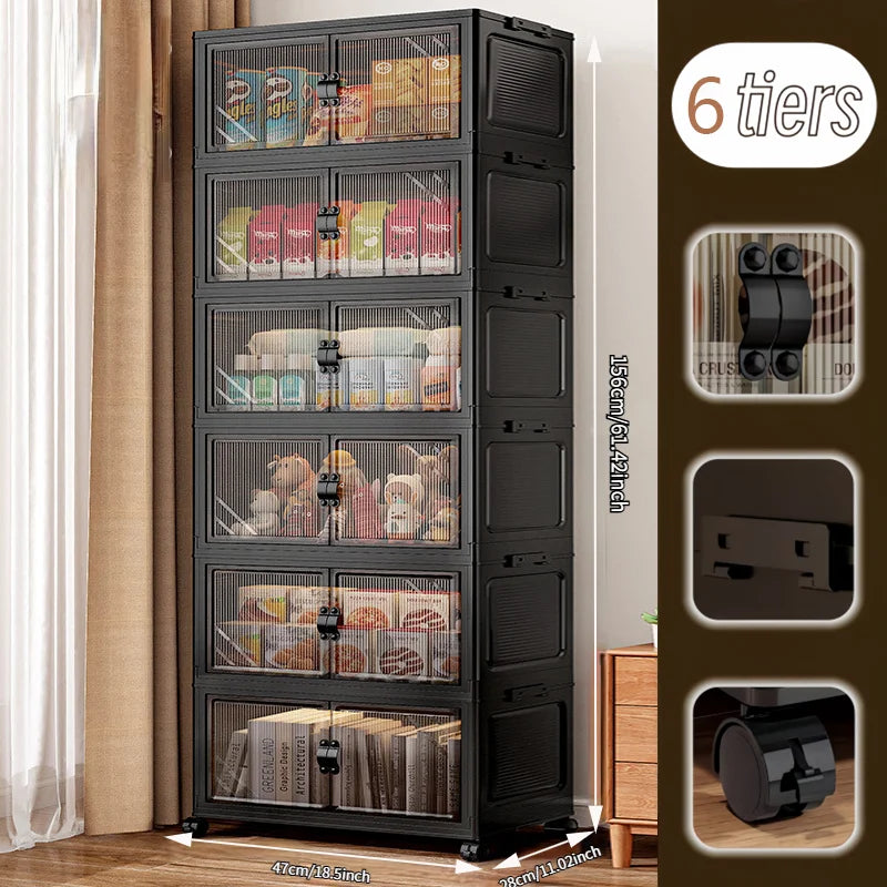 Meuble de Rangement Pliable avec Portes Transparentes – de 3 à 6 Étages, à Roulettes