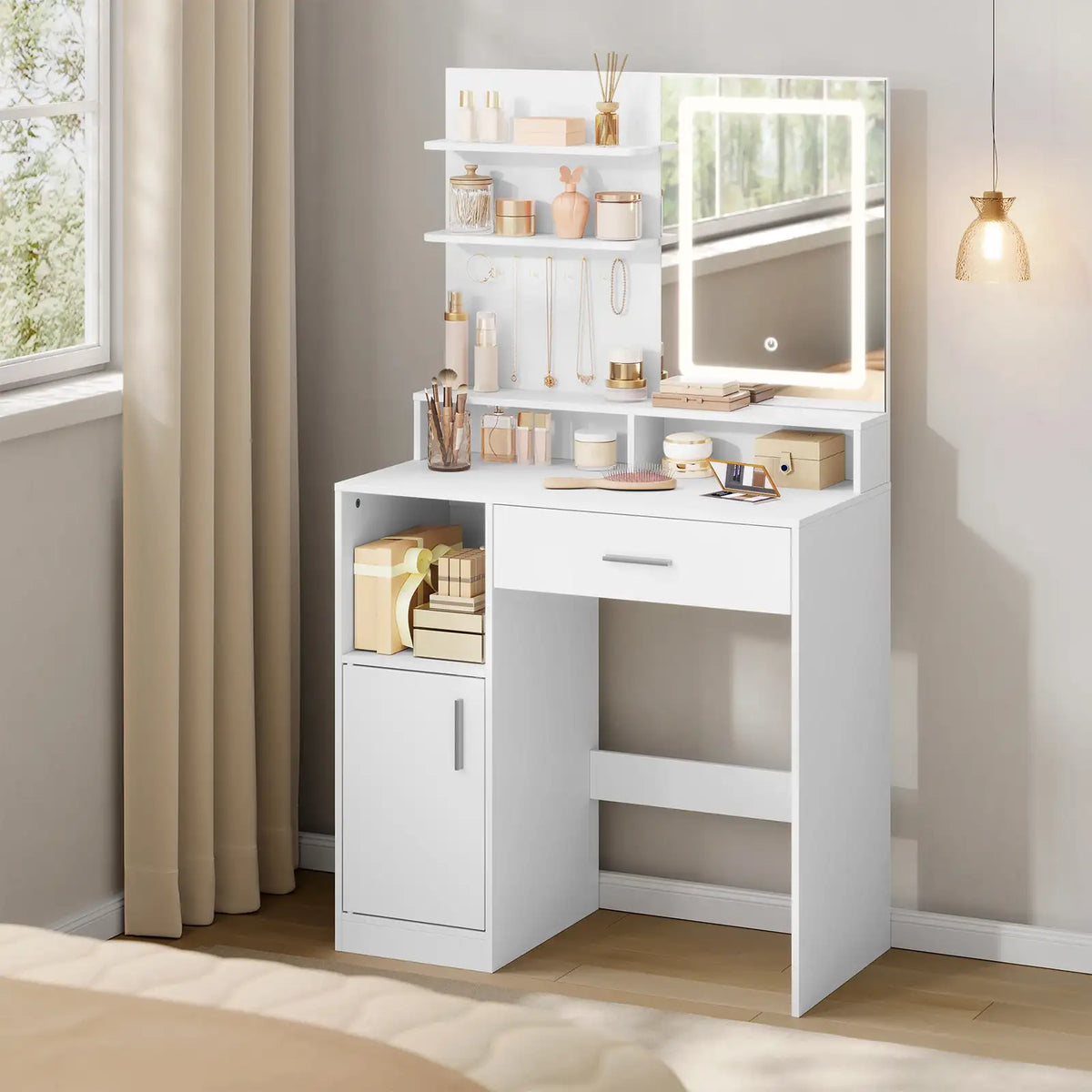WOLTU Table de Maquillage Coiffeuse avec Miroir à LED Réglables Meuble de Maquillage avec 3 Étages de Rangement pour Chambre