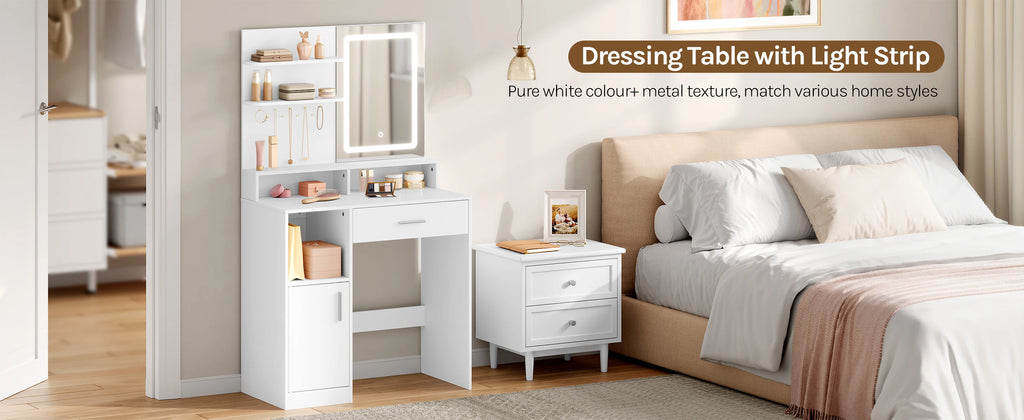 WOLTU Cosmetic Table Dressing Table with Adjustable LED Lights Mirror Vanity Unit with 3 Shelves Storage Cabinet for Bedroom