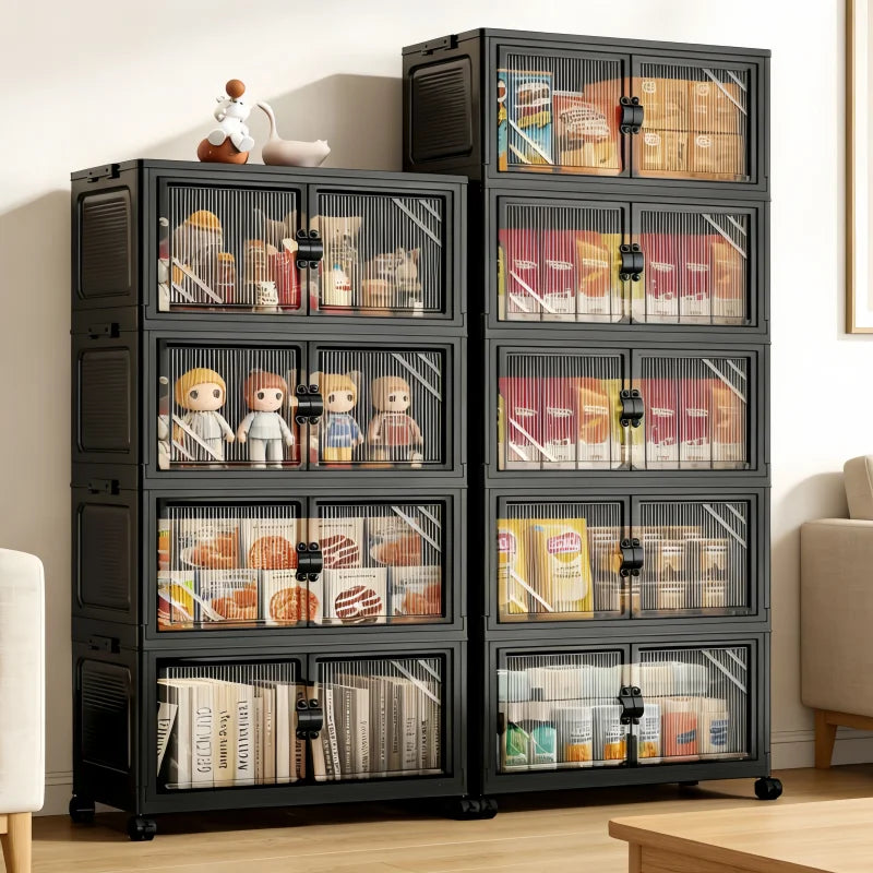 Meuble de Rangement Pliable avec Portes Transparentes – de 3 à 6 Étages, à Roulettes