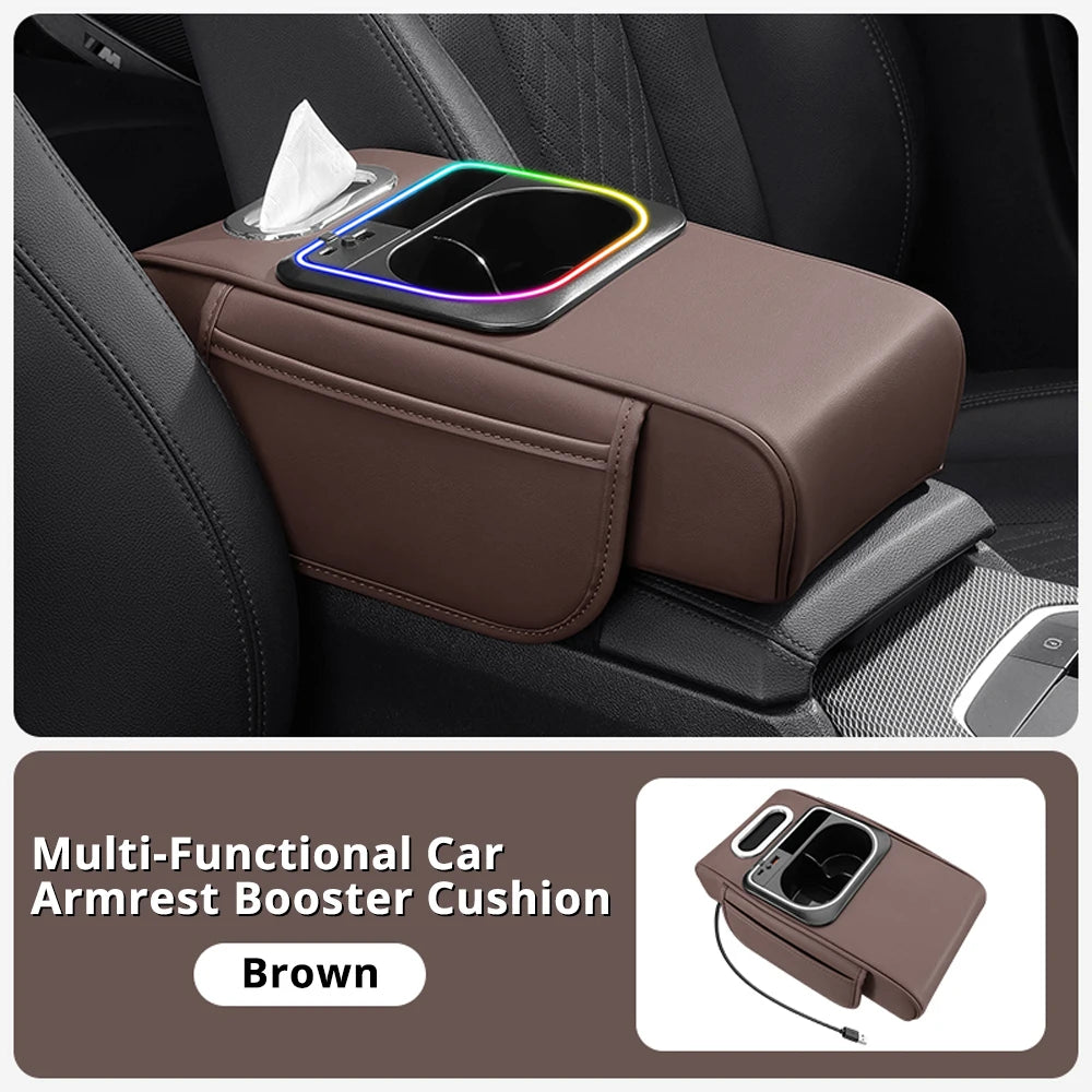 Accoudoir de voiture, coussin, console centrale, organisateurs de rangement, housse de siège, porte-gobelet, boîte à mouchoirs, fente pour téléphone, chargeur rapide, éclairage d'ambiance LED