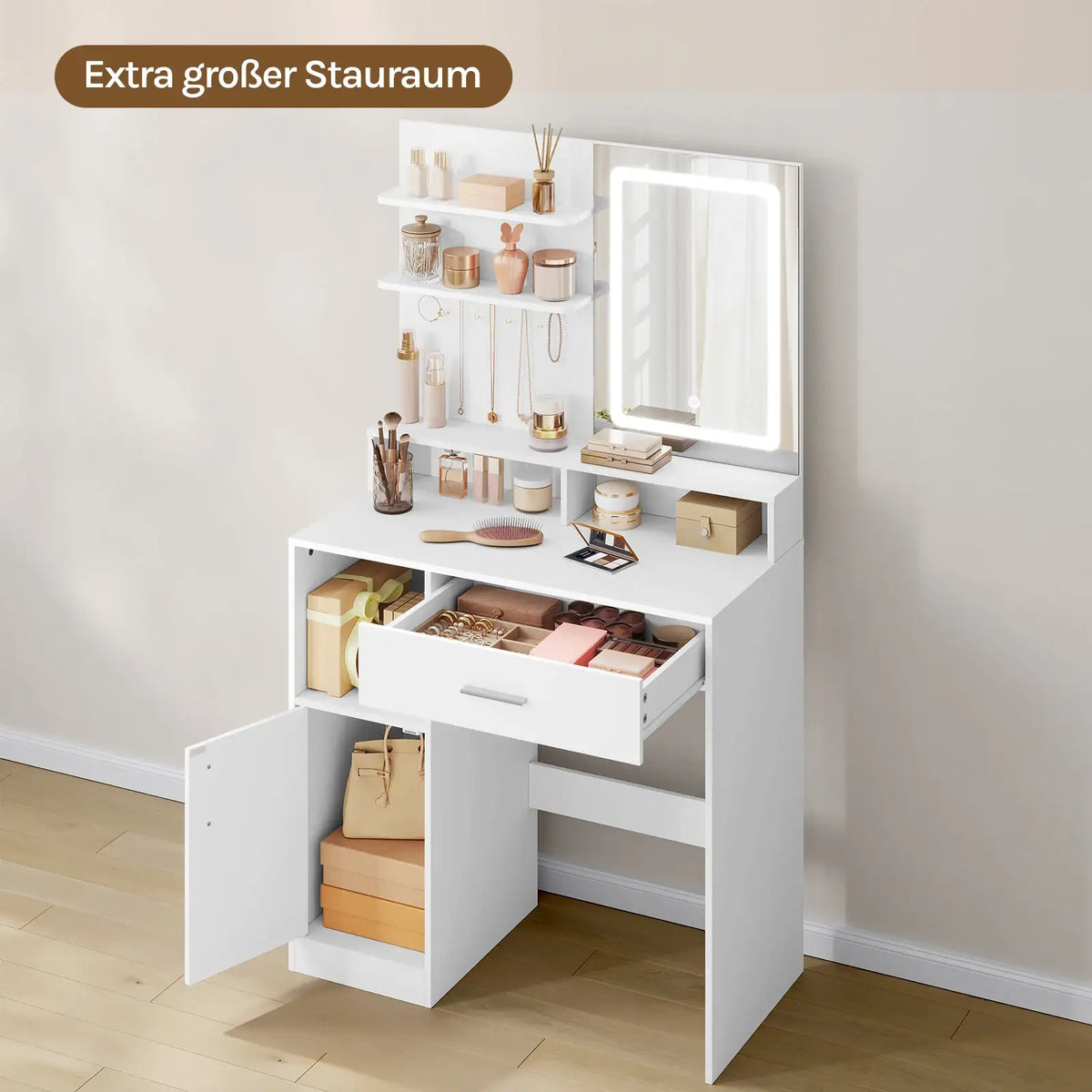 WOLTU Table de Maquillage Coiffeuse avec Miroir à LED Réglables Meuble de Maquillage avec 3 Étages de Rangement pour Chambre
