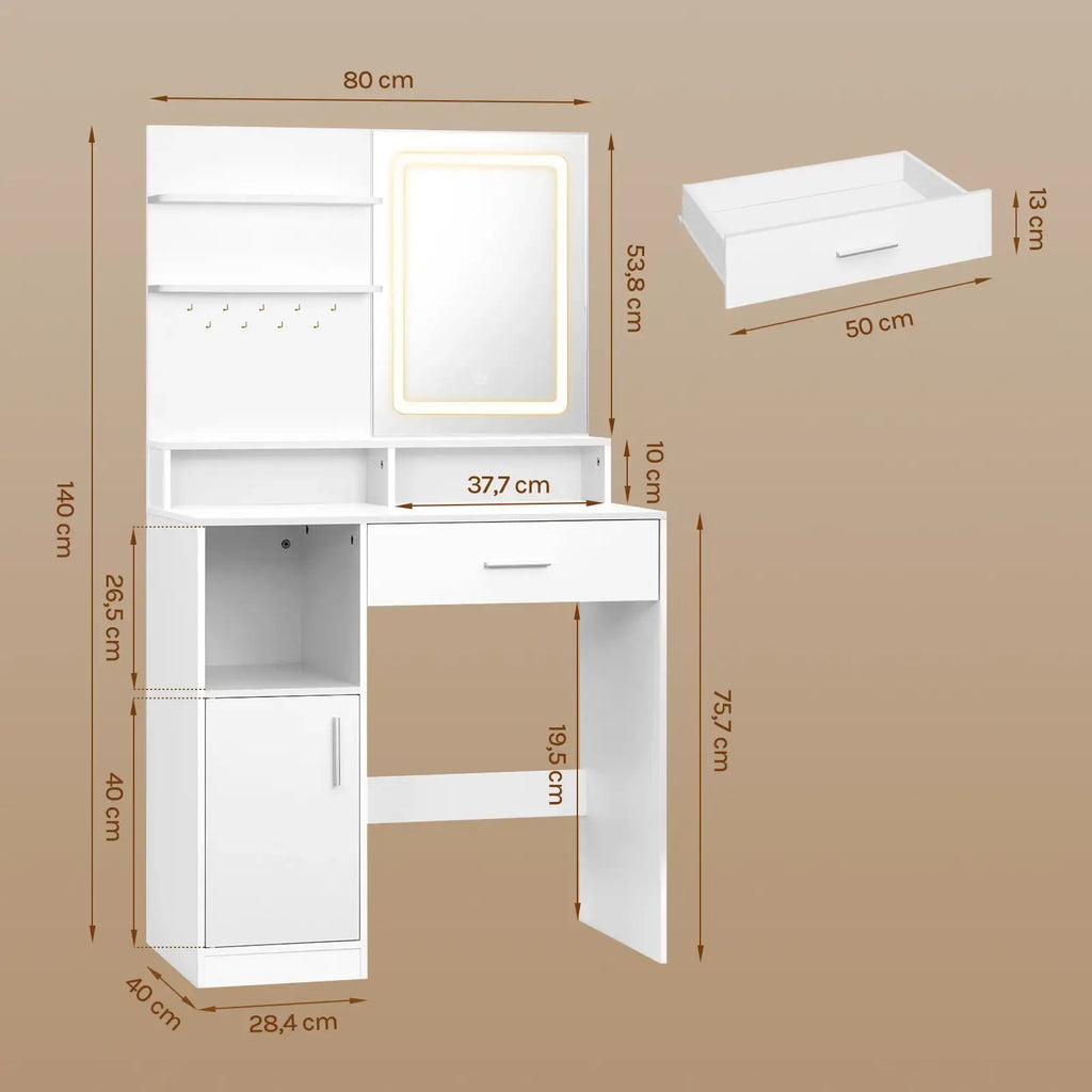 WOLTU Table de Maquillage Coiffeuse avec Miroir à LED Réglables Meuble de Maquillage avec 3 Étages de Rangement pour Chambre