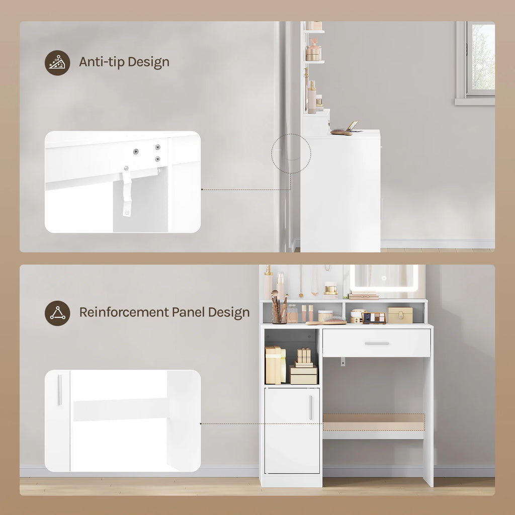 WOLTU Cosmetic Table Dressing Table with Adjustable LED Lights Mirror Vanity Unit with 3 Shelves Storage Cabinet for Bedroom