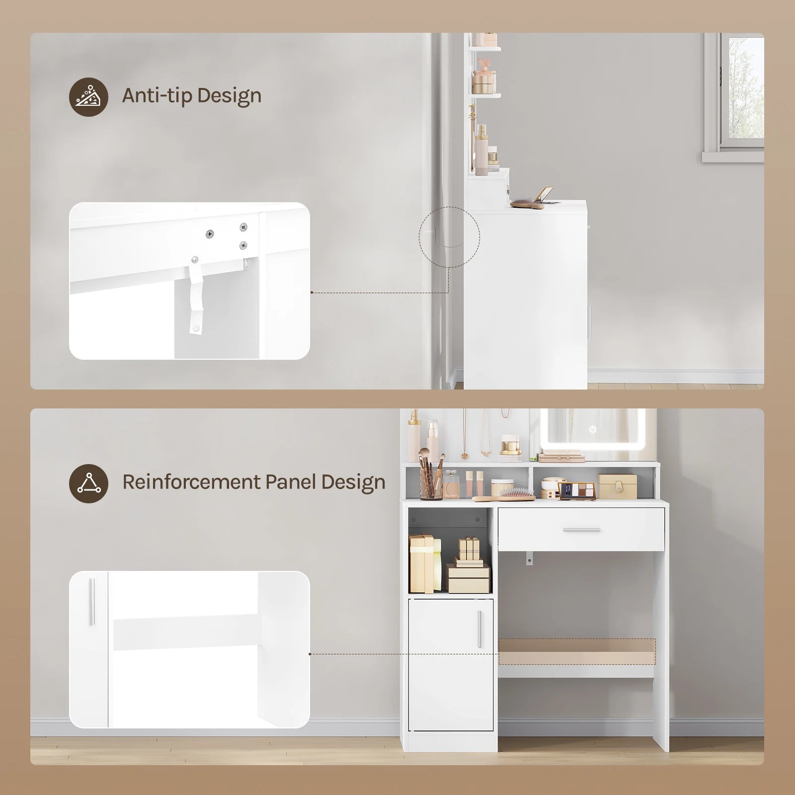 WOLTU Cosmetic Table Dressing Table with Adjustable LED Lights Mirror Vanity Unit with 3 Shelves Storage Cabinet for Bedroom