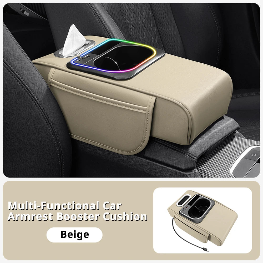 Accoudoir de voiture, coussin, console centrale, organisateurs de rangement, housse de siège, porte-gobelet, boîte à mouchoirs, fente pour téléphone, chargeur rapide, éclairage d'ambiance LED
