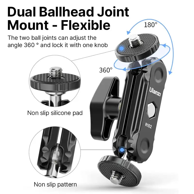 Ulanzi R102 doppelter 360°-Kugelkopf-Magic-Arm-Halter mit 1/4"-Schraubhalterung für Kamera, Videoleuchte und Monitor, Fotografie