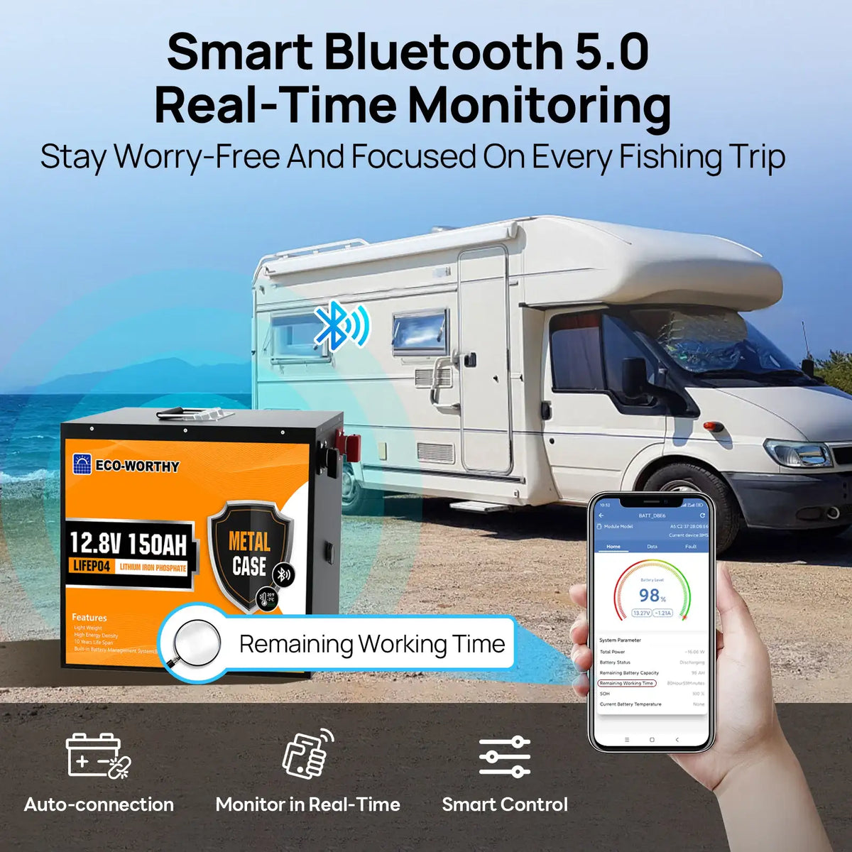 Batería de litio LiFePO4 ECO-WORTHY de 12V 150AH con Bluetooth, protección a baja temperatura, BMS de 120A integrado, perfecta para pesca de curricán