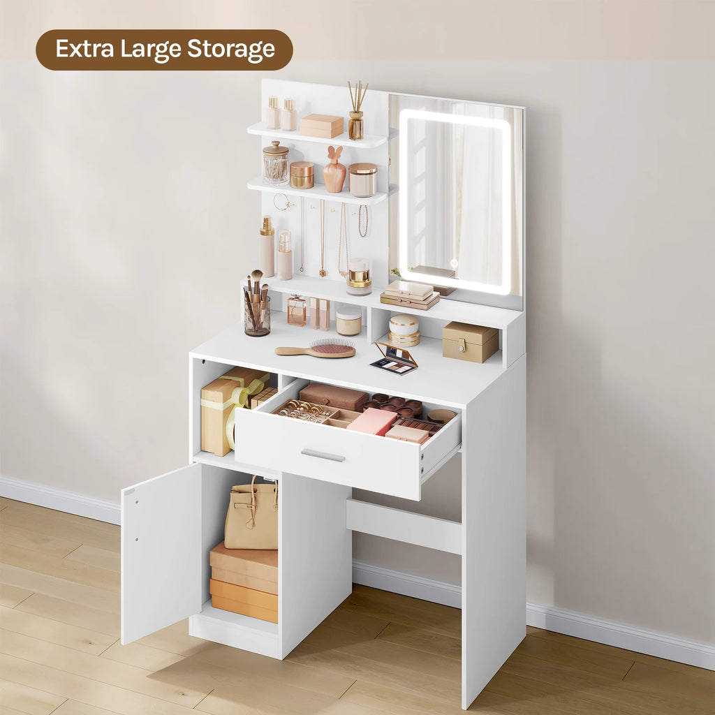 WOLTU Cosmetic Table Dressing Table with Adjustable LED Lights Mirror Vanity Unit with 3 Shelves Storage Cabinet for Bedroom