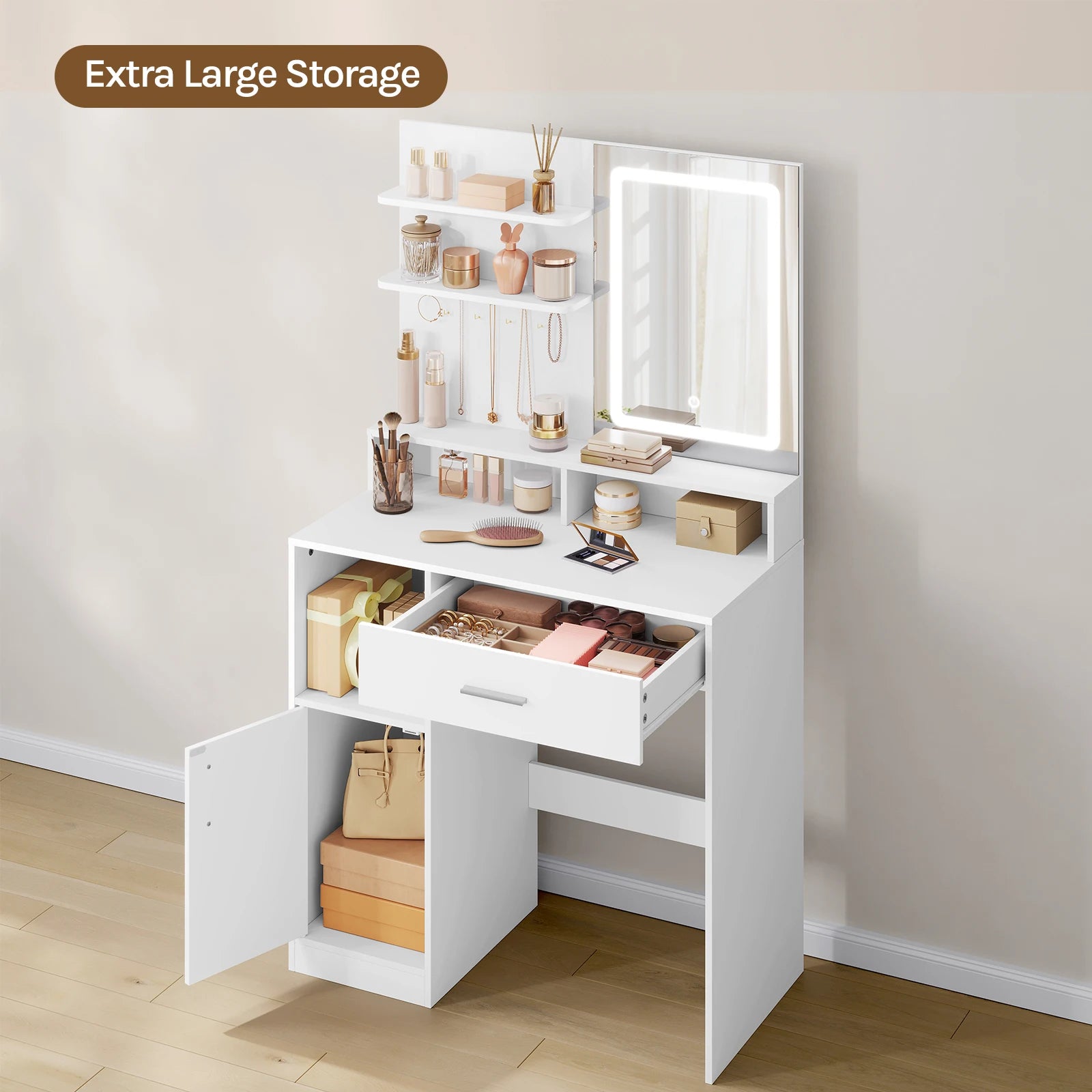 WOLTU Cosmetic Table Dressing Table with Adjustable LED Lights Mirror Vanity Unit with 3 Shelves Storage Cabinet for Bedroom