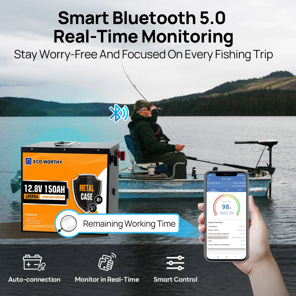 Batería de litio LiFePO4 ECO-WORTHY de 12V 150AH con Bluetooth, protección a baja temperatura, BMS de 120A integrado, perfecta para pesca de curricán