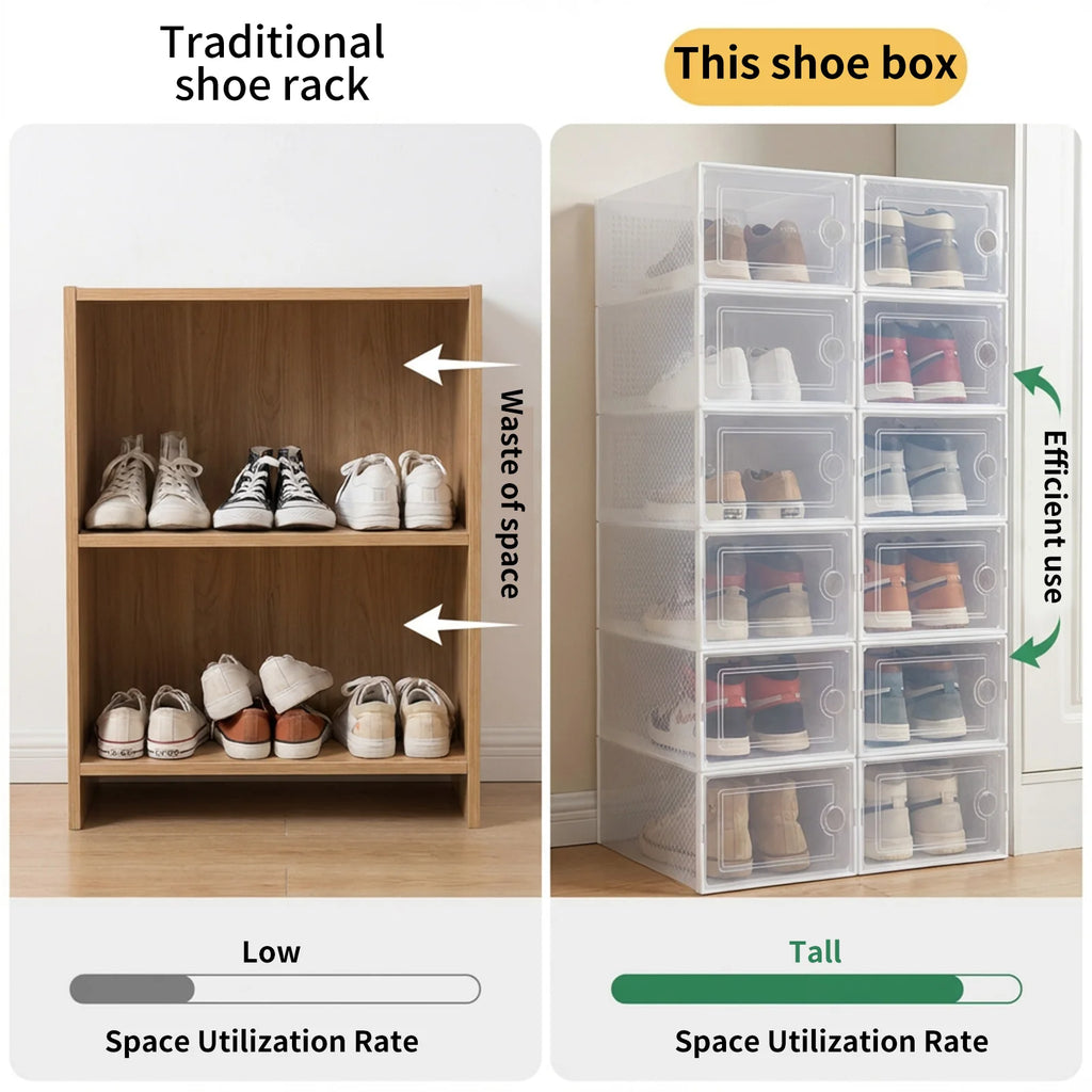 Stackable Shoe Storage Box 33x23x14 cm Fits up to EU Size 45 Transparent with Ventilated Design Foldable Multi-Purpose Organiser