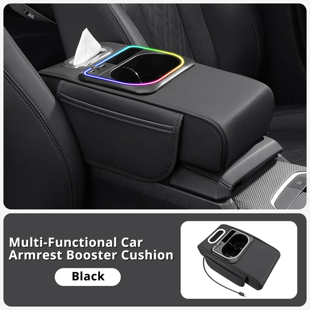 Accoudoir de voiture, coussin, console centrale, organisateurs de rangement, housse de siège, porte-gobelet, boîte à mouchoirs, fente pour téléphone, chargeur rapide, éclairage d'ambiance LED