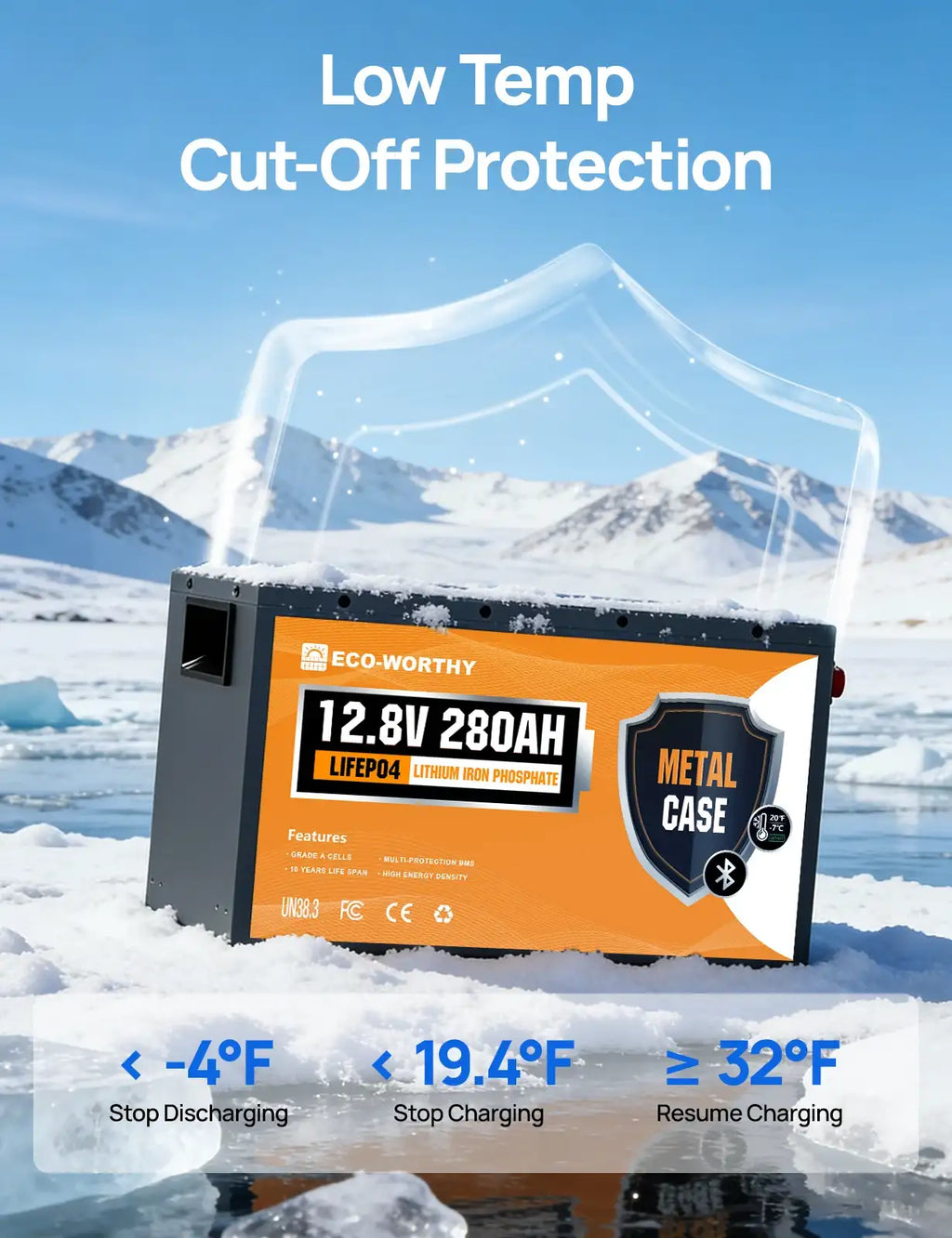 Batterie LiFePO4 ECO-WORTHY 3584Wh 12V 280Ah avec boîtier métallique, Bluetooth et coupure basse température - BMS 200A intégré - Décharge profonde pour camping-car, remorque