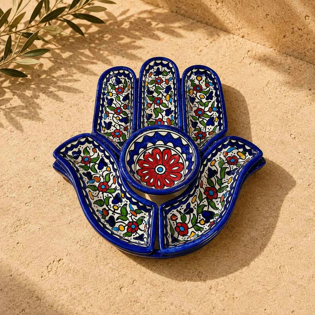 Handmade Palestinian Ceramic Snack Tray – Multi-Compartment Nut Platter - Hand Tray 12.5 × 4 in