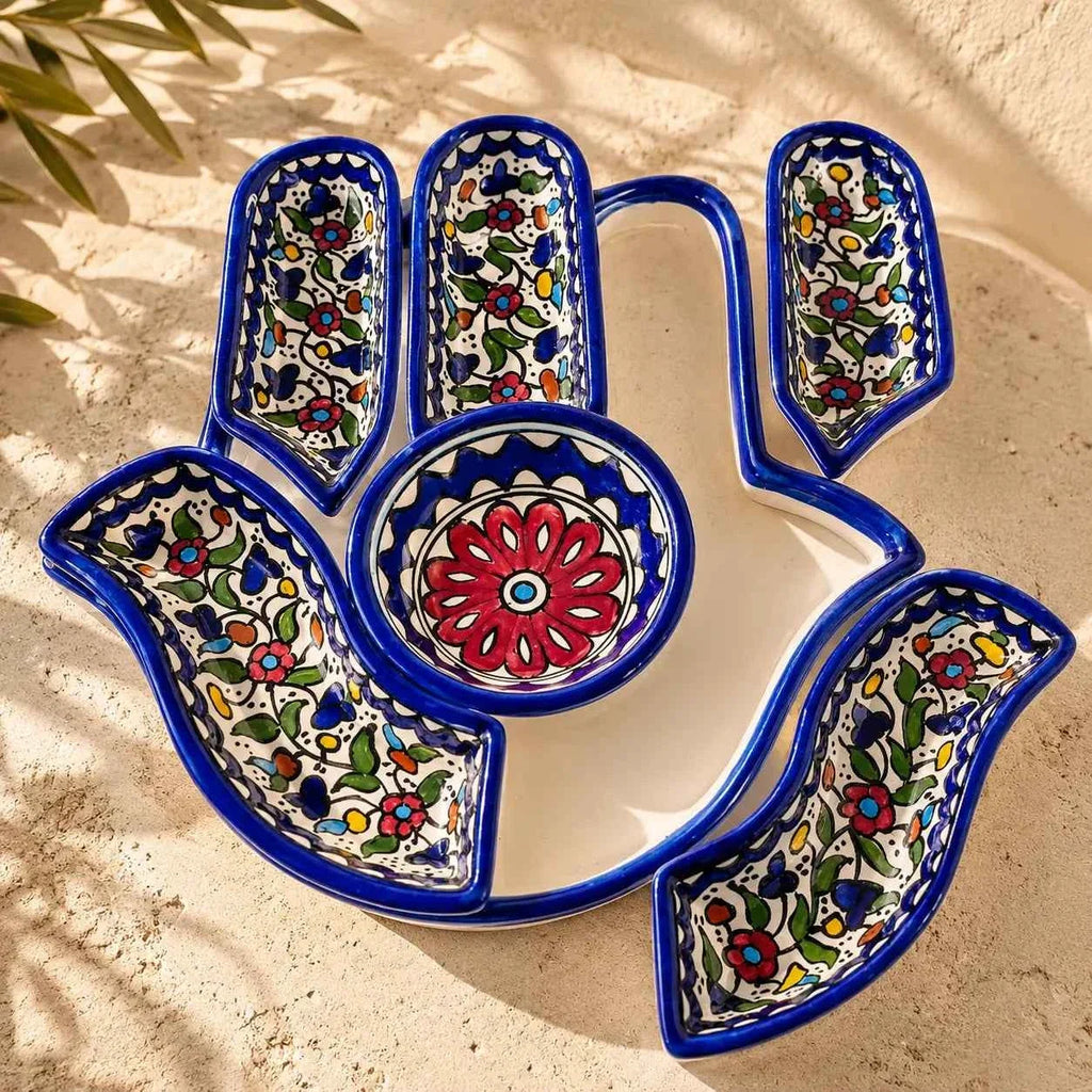 Handmade Palestinian Ceramic Snack Tray – Multi-Compartment Nut Platter - Hand Tray 12.5 × 4 in