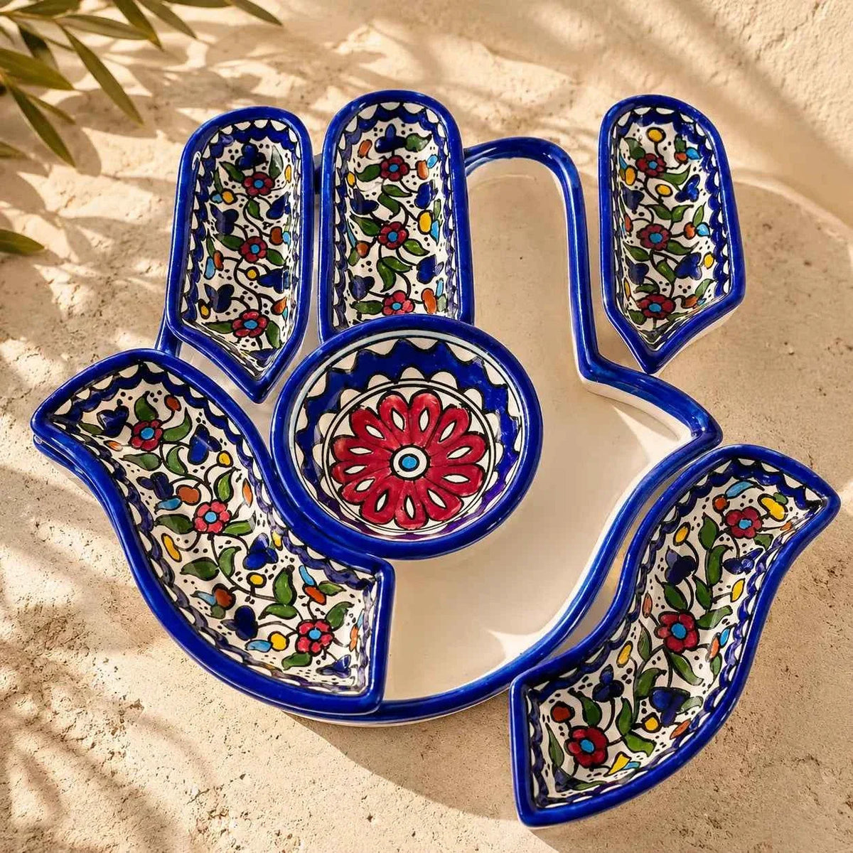 Handmade Palestinian Ceramic Snack Tray – Multi-Compartment Nut Platter - Hand Tray 12.5 × 4 in