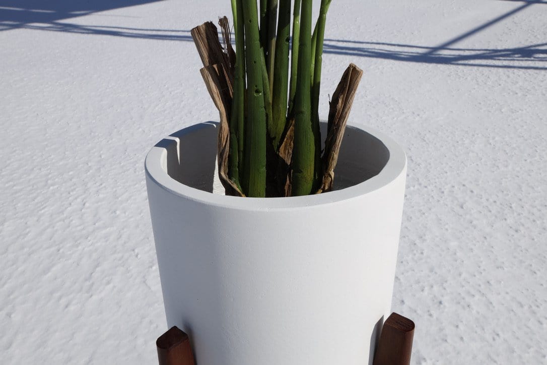 Boni White Mid - Century Cement Planter With Wooden Stand
