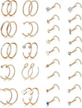 20G 38Pcs Stainless Steel Screw Shaped Nose Studs Nose Rings CZ Hoop Tragus Cartilage Nose Ring Labret Nose Piercing Jewelry