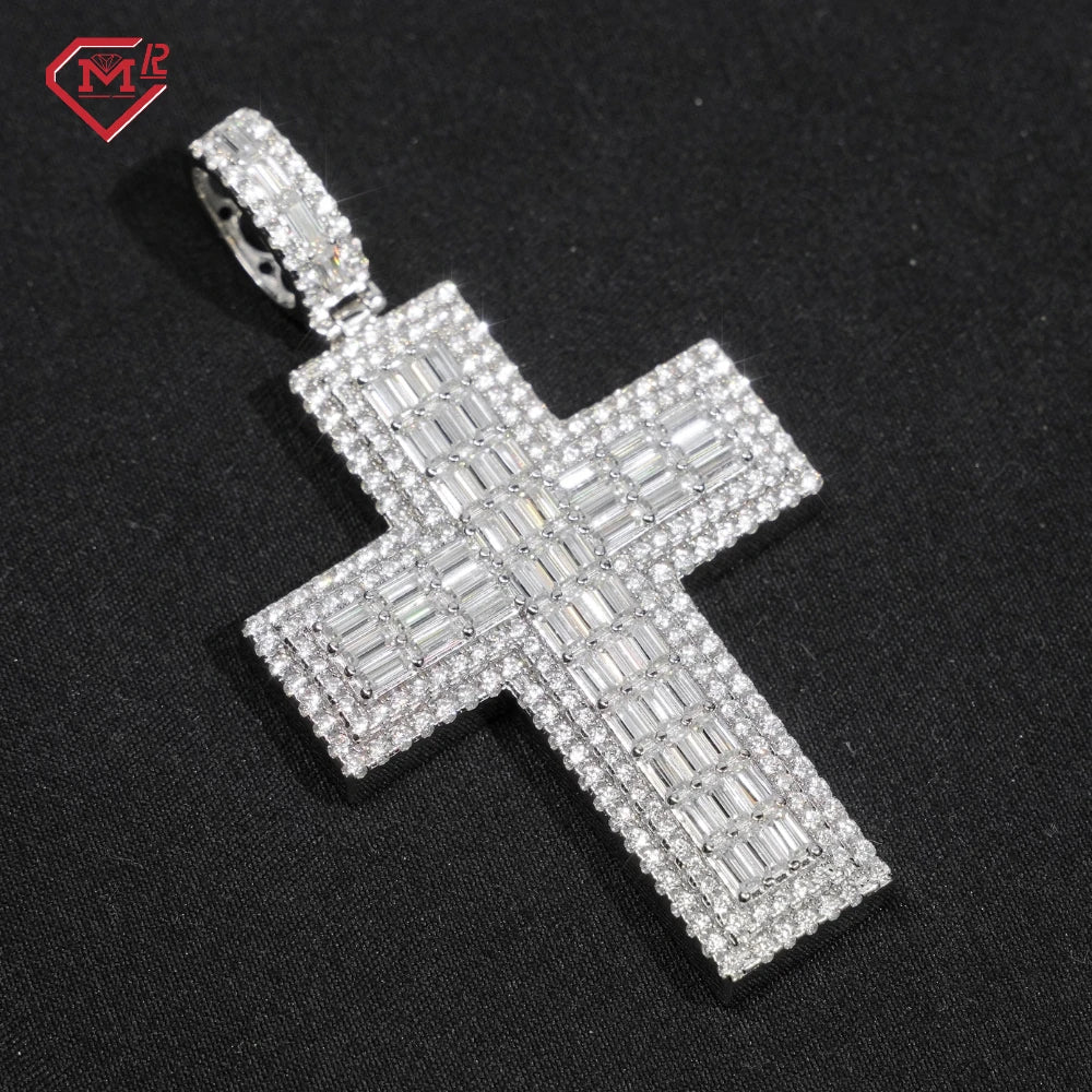 Breloques Croix en Moissanite Baguette VVS en Argent 925, Bijoux Fins Entièrement Sertis, Testeur de Diamant Passant, Pendentif Moissanite