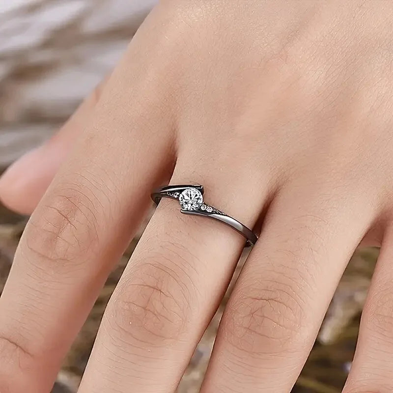 H420 Women's Black Rhodium 18K Solid Gold Round Brilliant Cut Diamond Engagement Ring Fine Jewelry