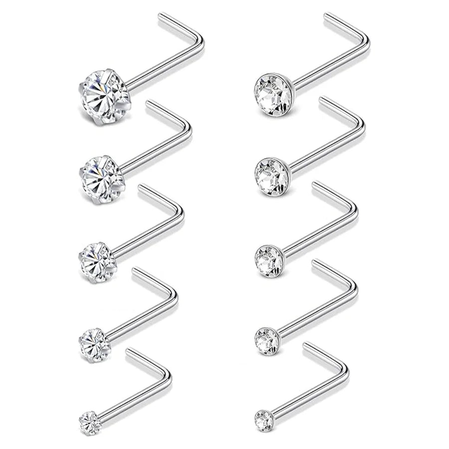 10Pcs Stainless Steel L Shaped Nose Studs Rings Square Round CZ Nose Ring Labret Nose Piercing Jewelry Silver Tone