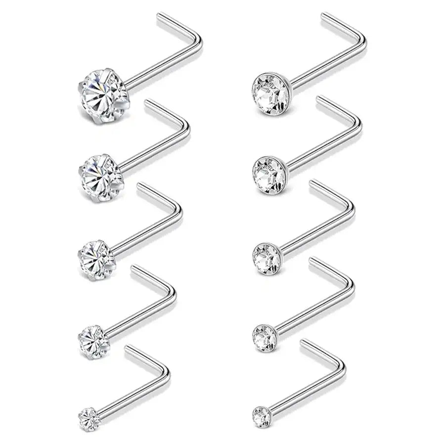 10Pcs Stainless Steel L Shaped Nose Studs Rings Square Round CZ Nose Ring Labret Nose Piercing Jewelry Silver Tone