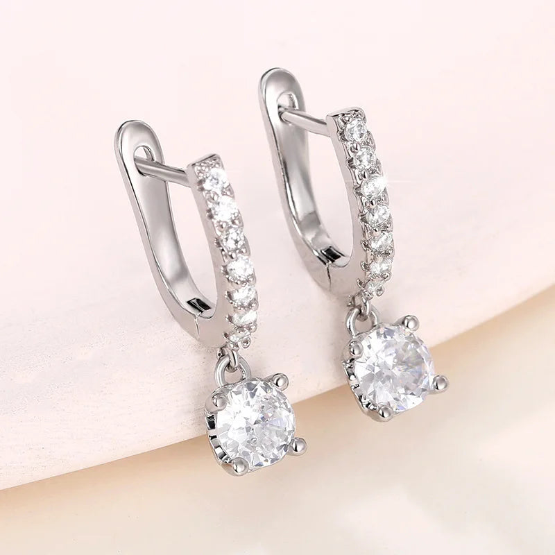 White Gold Diamond Earrings Round Brilliant Cut G Color Natural Diamond Classic Women's Engagement Jewelry with Side Diamond