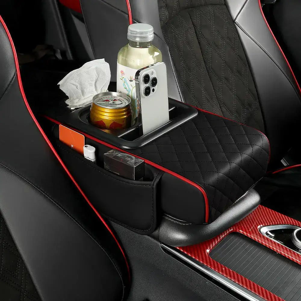 Nueva almohadilla universal de cuero para reposabrazos de coche con bolsa de almacenamiento, soporte para mano y caja de pañuelos para consola central al por mayor