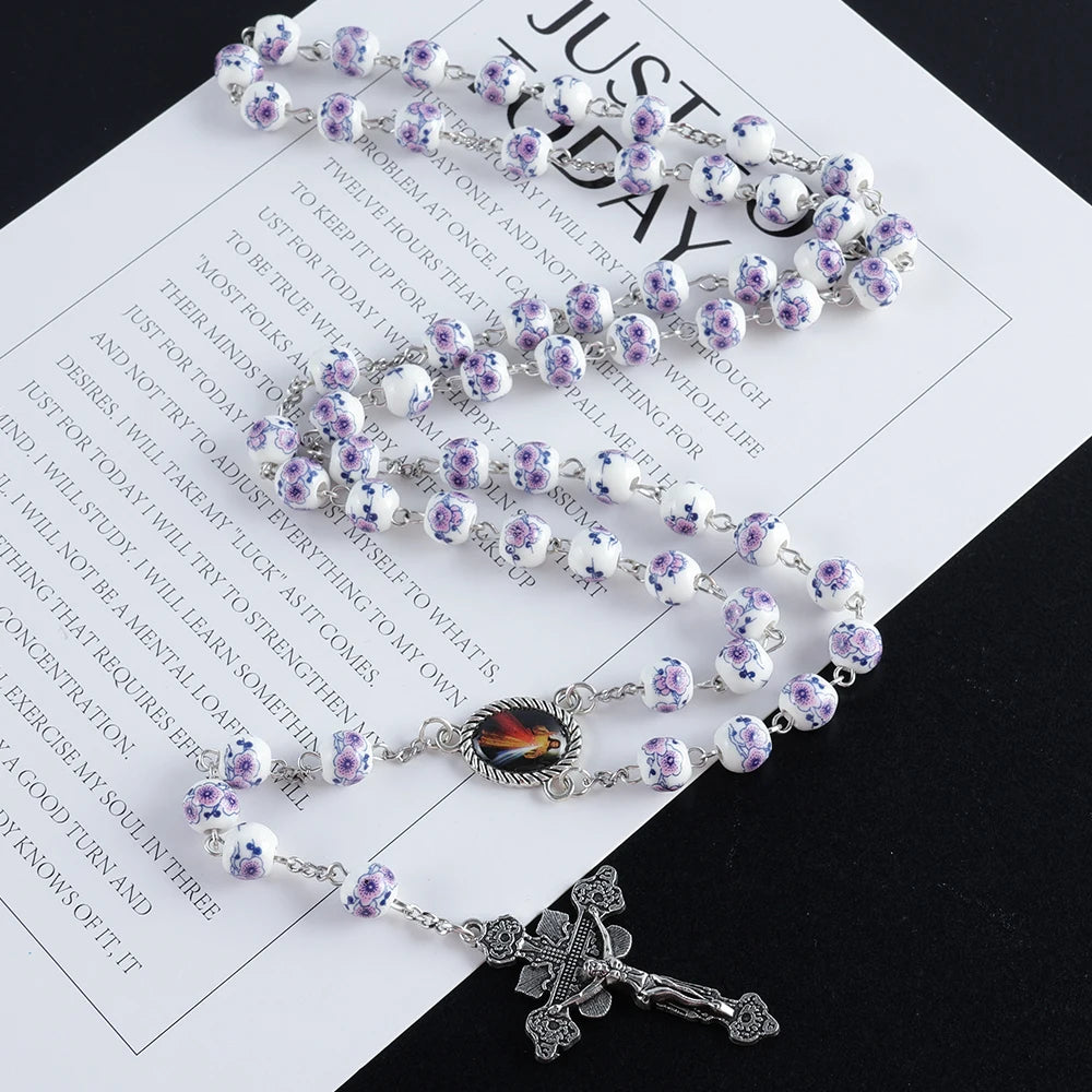 Multicolor Blue and White Porcelain Ceramic Beads Cross Pendant Rosary, Christian Religious Jewelry Prayer Beads Necklace