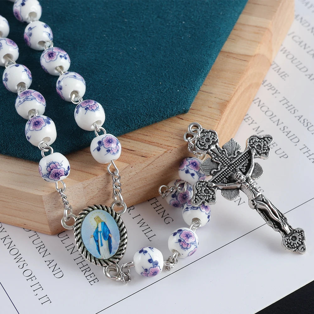 Multicolor Blue and White Porcelain Ceramic Beads Cross Pendant Rosary, Christian Religious Jewelry Prayer Beads Necklace