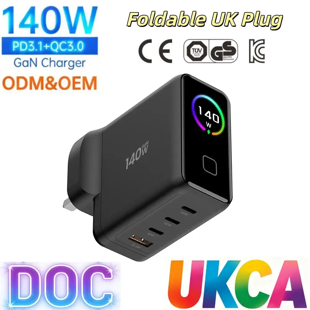 140W PD 3.1 GaN Fast Charger with Smart TFT Digital Display Type C UK Plug Wall Charger for MacBook Laptops OEM/ODM Bulk Supply