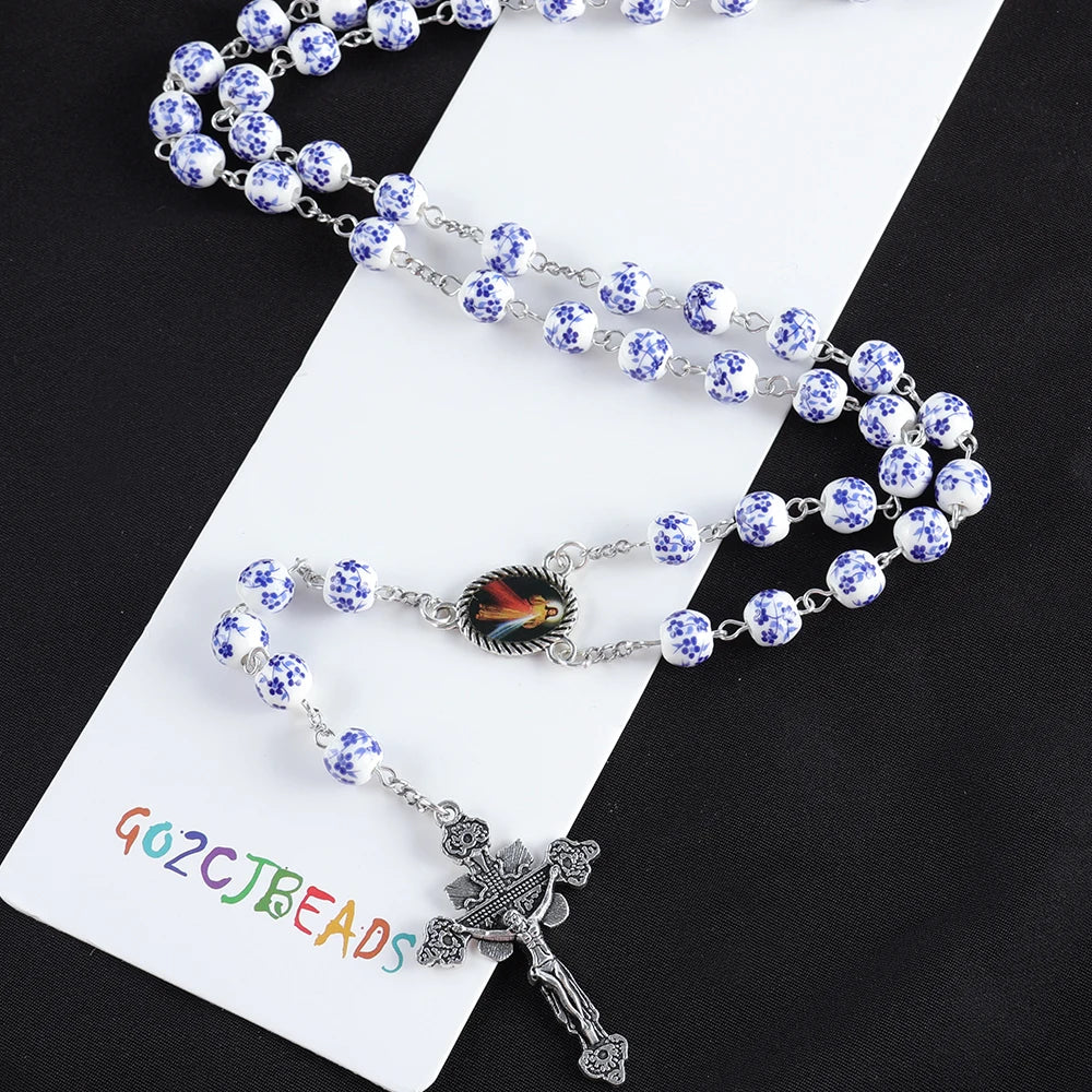 Multicolor Blue and White Porcelain Ceramic Beads Cross Pendant Rosary, Christian Religious Jewelry Prayer Beads Necklace