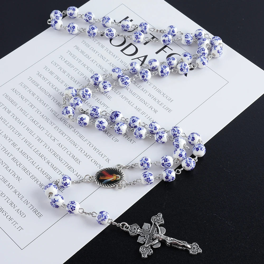 Multicolor Blue and White Porcelain Ceramic Beads Cross Pendant Rosary, Christian Religious Jewelry Prayer Beads Necklace