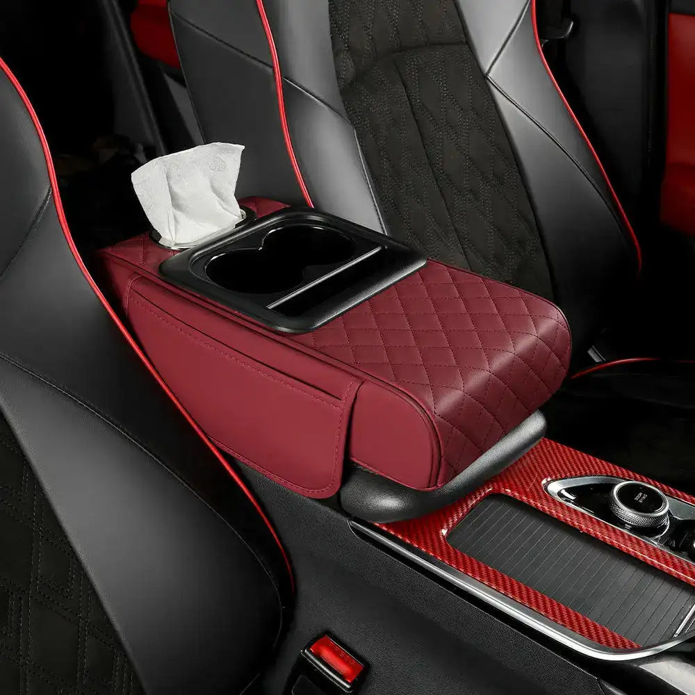Nueva almohadilla universal de cuero para reposabrazos de coche con bolsa de almacenamiento, soporte para mano y caja de pañuelos para consola central al por mayor