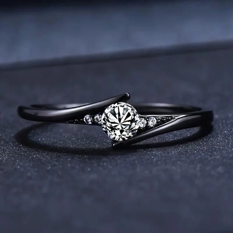 H420 Women's Black Rhodium 18K Solid Gold Round Brilliant Cut Diamond Engagement Ring Fine Jewelry