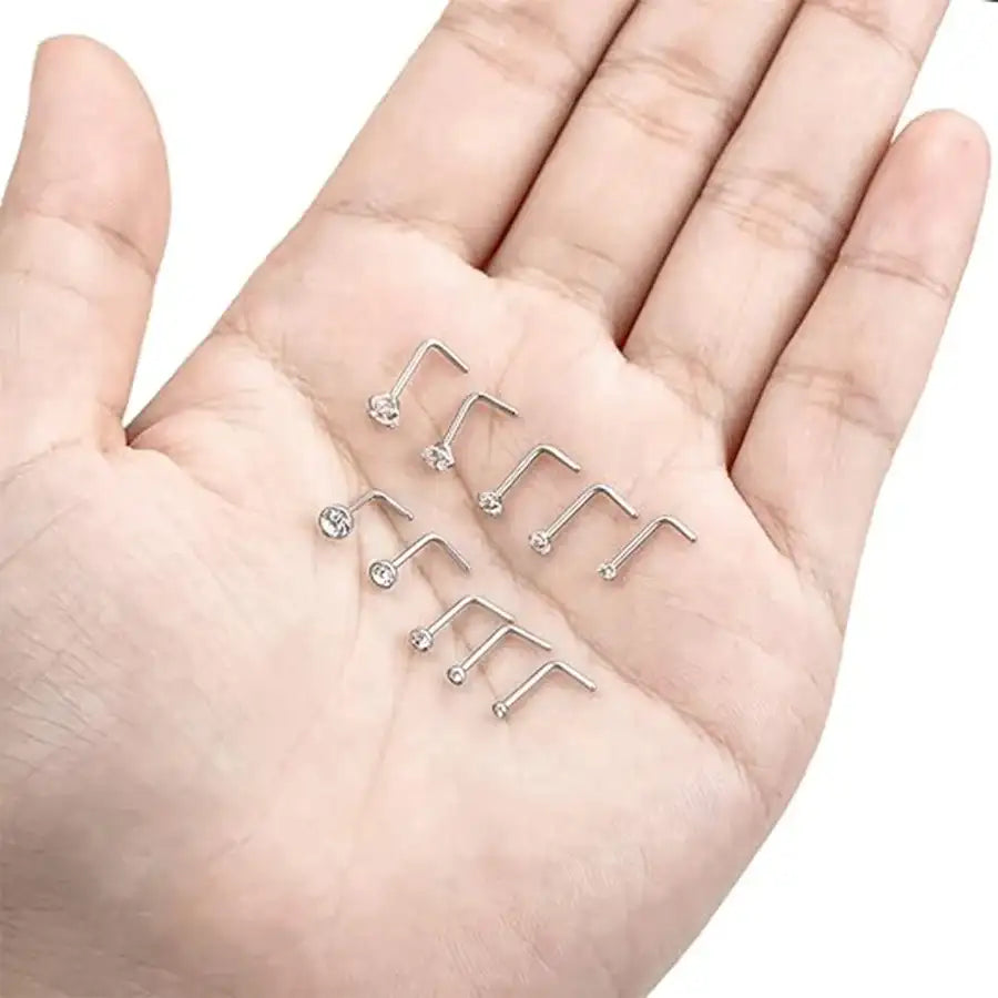 10Pcs Stainless Steel L Shaped Nose Studs Rings Square Round CZ Nose Ring Labret Nose Piercing Jewelry Silver Tone