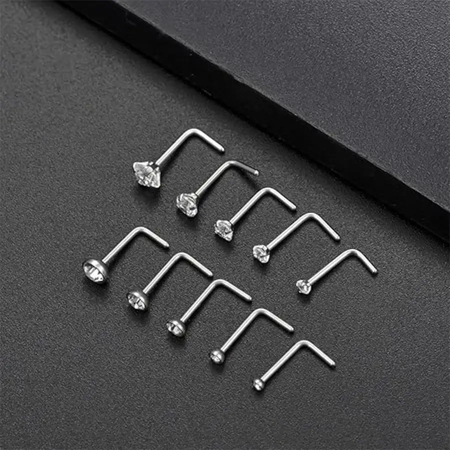 10Pcs Stainless Steel L Shaped Nose Studs Rings Square Round CZ Nose Ring Labret Nose Piercing Jewelry Silver Tone