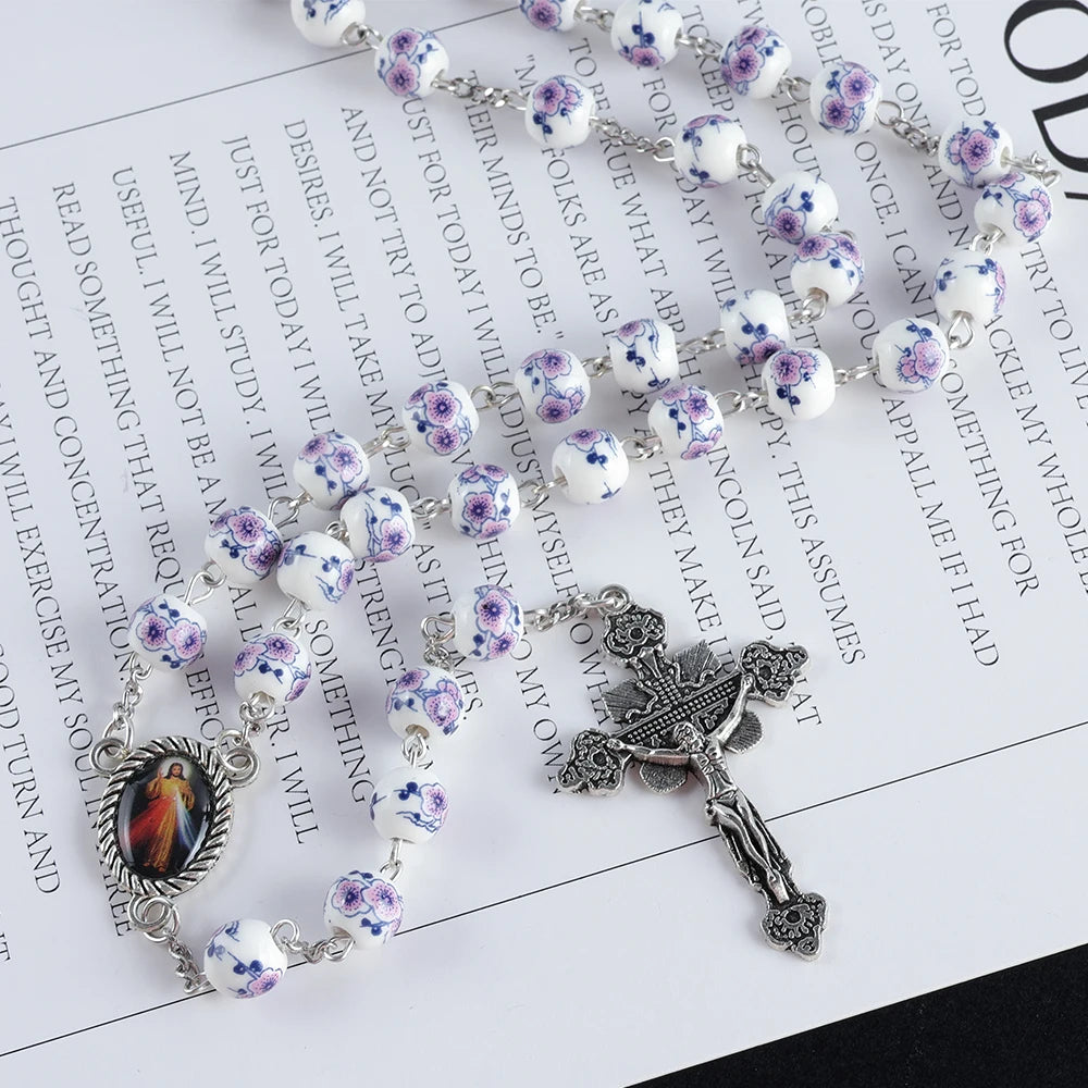 Multicolor Blue and White Porcelain Ceramic Beads Cross Pendant Rosary, Christian Religious Jewelry Prayer Beads Necklace