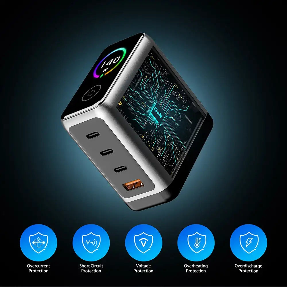 140W PD 3.1 GaN Fast Charger with Smart TFT Digital Display Type C UK Plug Wall Charger for MacBook Laptops OEM/ODM Bulk Supply