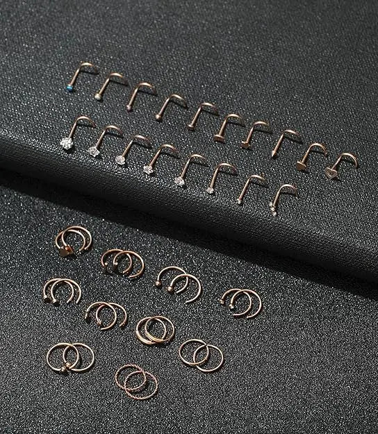 20G 38Pcs Stainless Steel Screw Shaped Nose Studs Nose Rings CZ Hoop Tragus Cartilage Nose Ring Labret Nose Piercing Jewelry