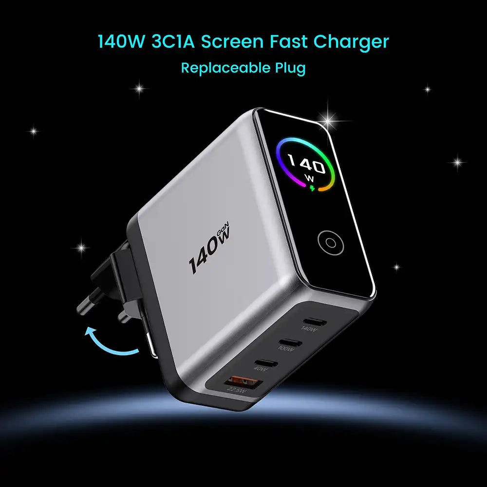 140W PD 3.1 GaN Fast Charger with Smart TFT Digital Display Type C UK Plug Wall Charger for MacBook Laptops OEM/ODM Bulk Supply